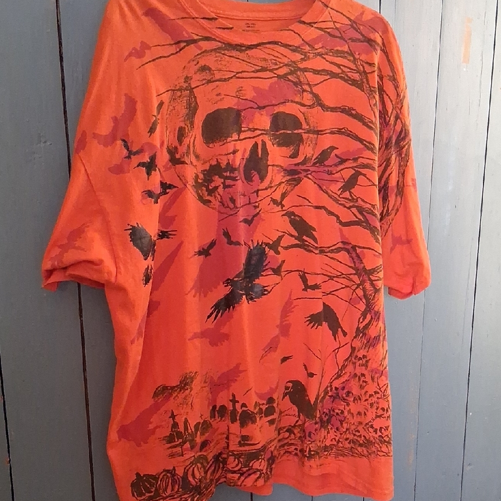 Orange Graphic T-Shirt with Skull and Crow Design